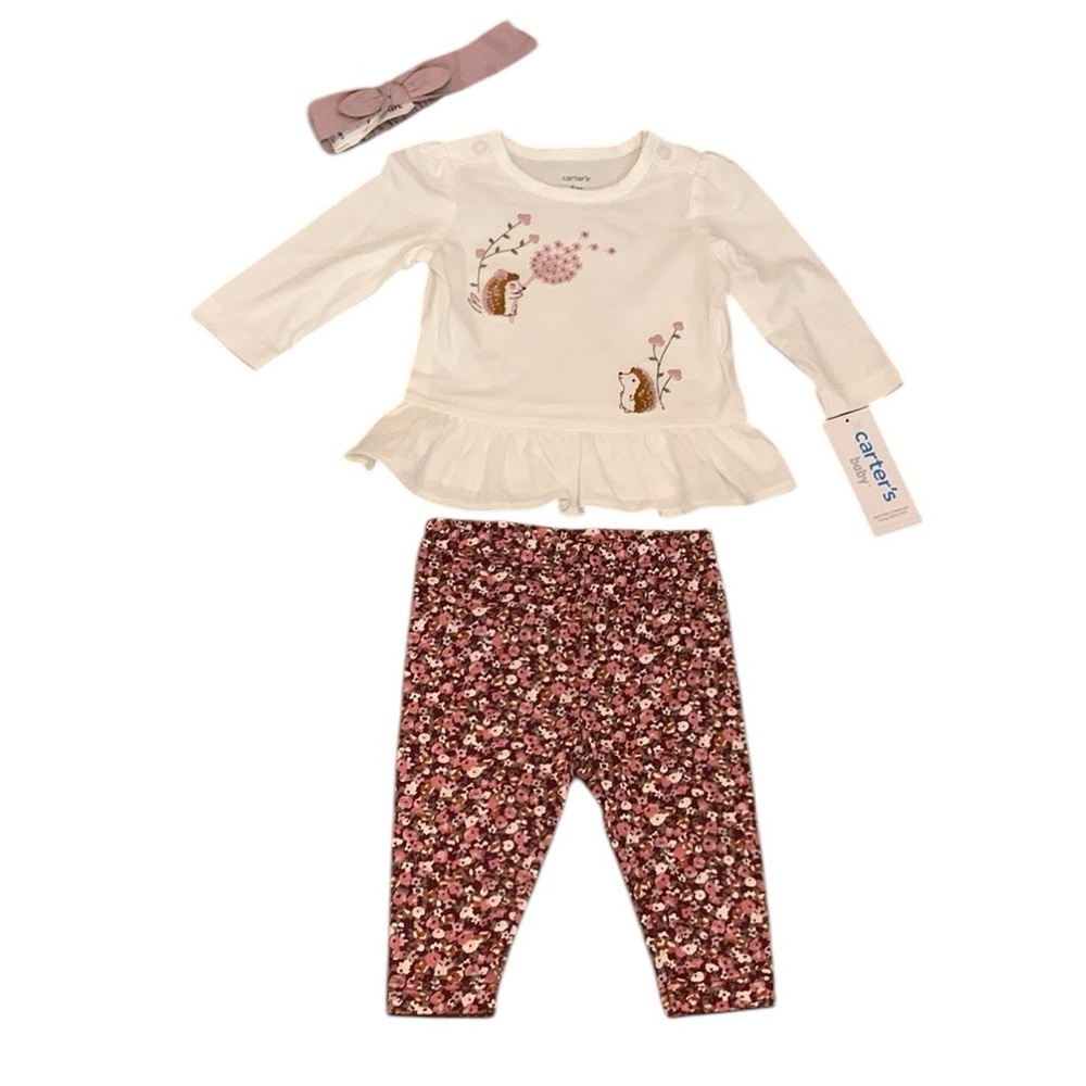 Carter’s Hedgehog Floral Shirt Pants and Headband Lot Size 3 Months Cotton